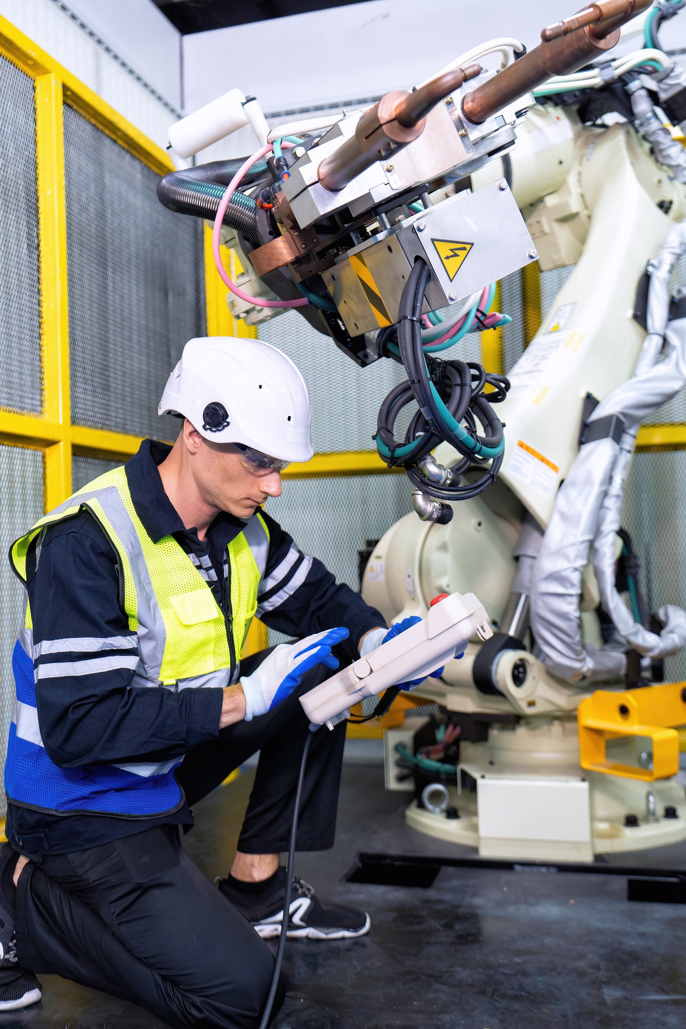 Engineer service robot welding in factory software programming operation test and commissioning